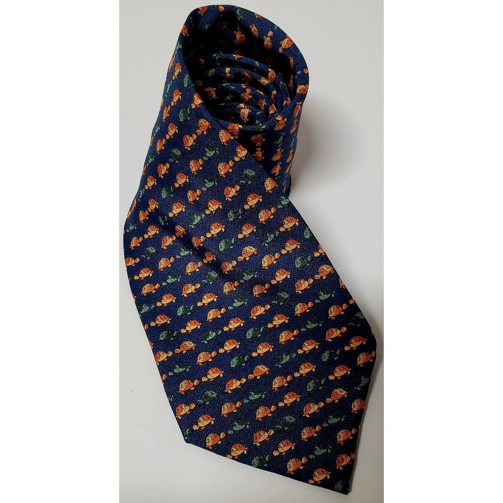 VTG Pura Seta Necktie Made Italy Silk Navy Green & Brown Turtles Greeting - Picture 2 of 6